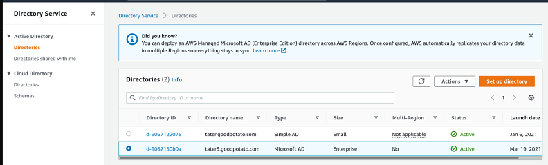 [Console screenshot of the Directory Service console showing a list of directories.]