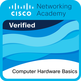 Computer Hardware Basics badge image. Learning. Foundational level. Issued by Cisco