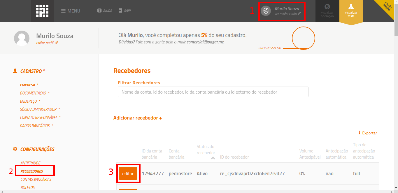 Editando um recebedor no Pagar.me