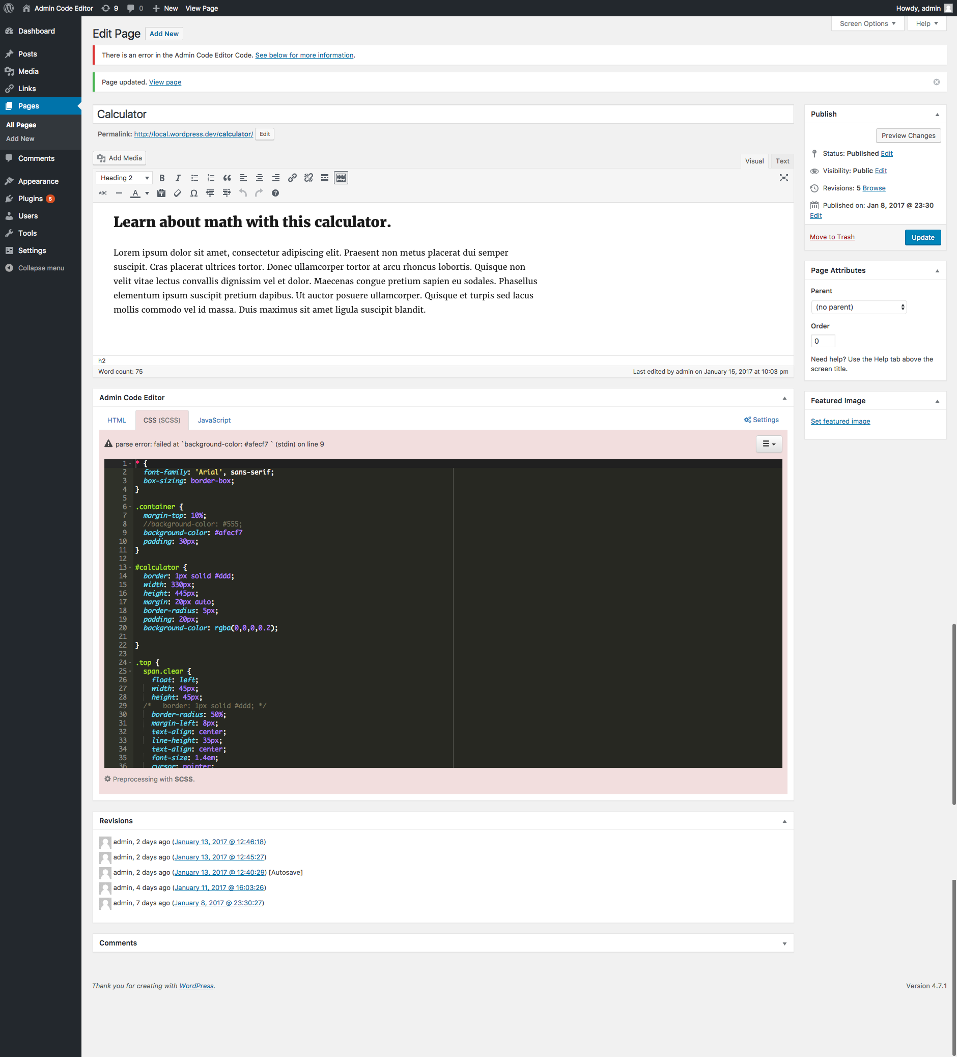 The Admin Code Editor CSS Editor. In this screenshot SCSS is being used as the preprocessor and an error is currently being displayed.