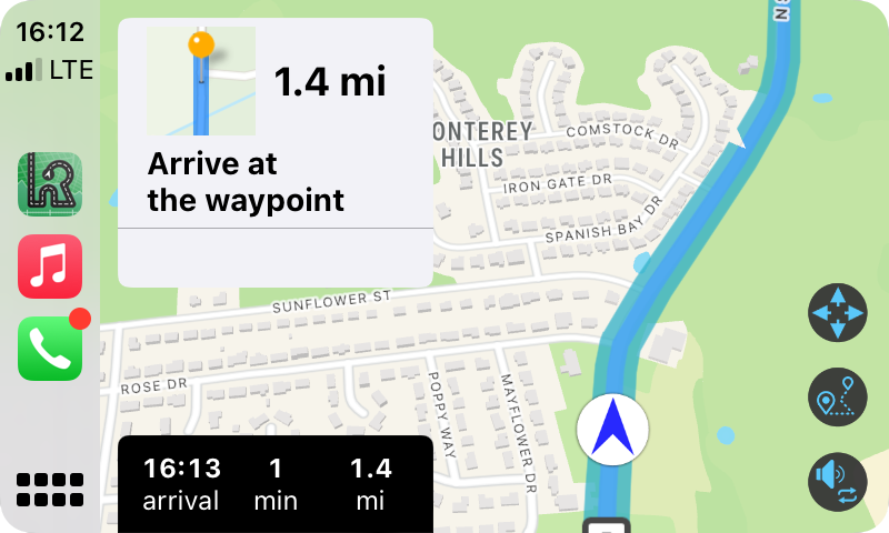 Mid-navigation, pre-waypoint in inRoute's CarPlay interface.