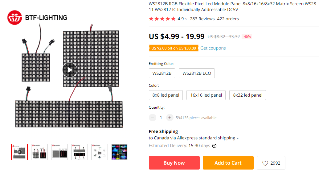 Listing of a WS2812B board on AliExpress