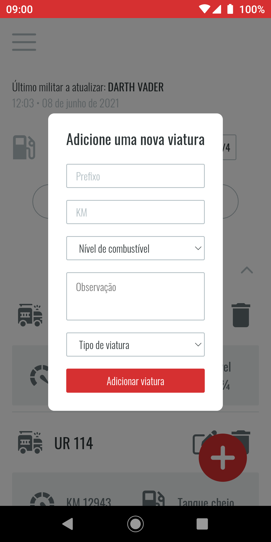 Modal de adicionar uma viatura