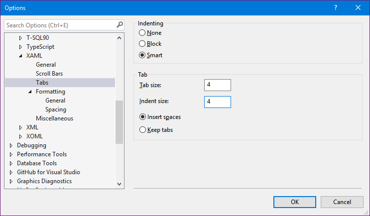 Visual Studio Tab Settings