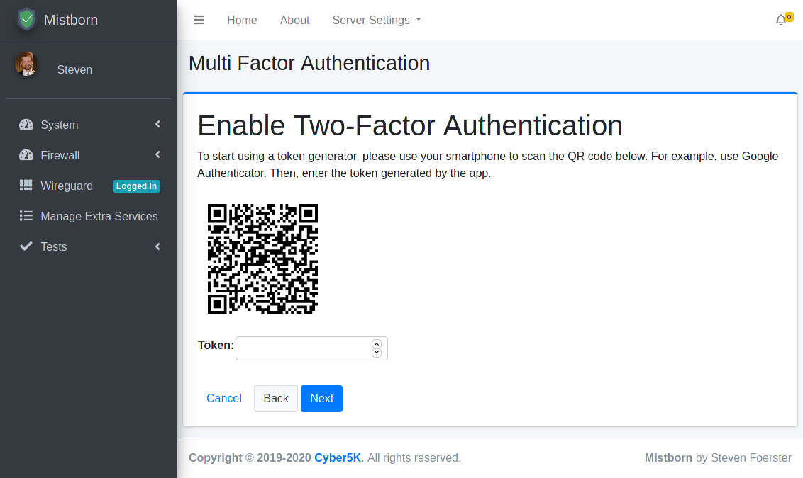 Mistborn Multi Factor Authentication - Authenticator App Setup