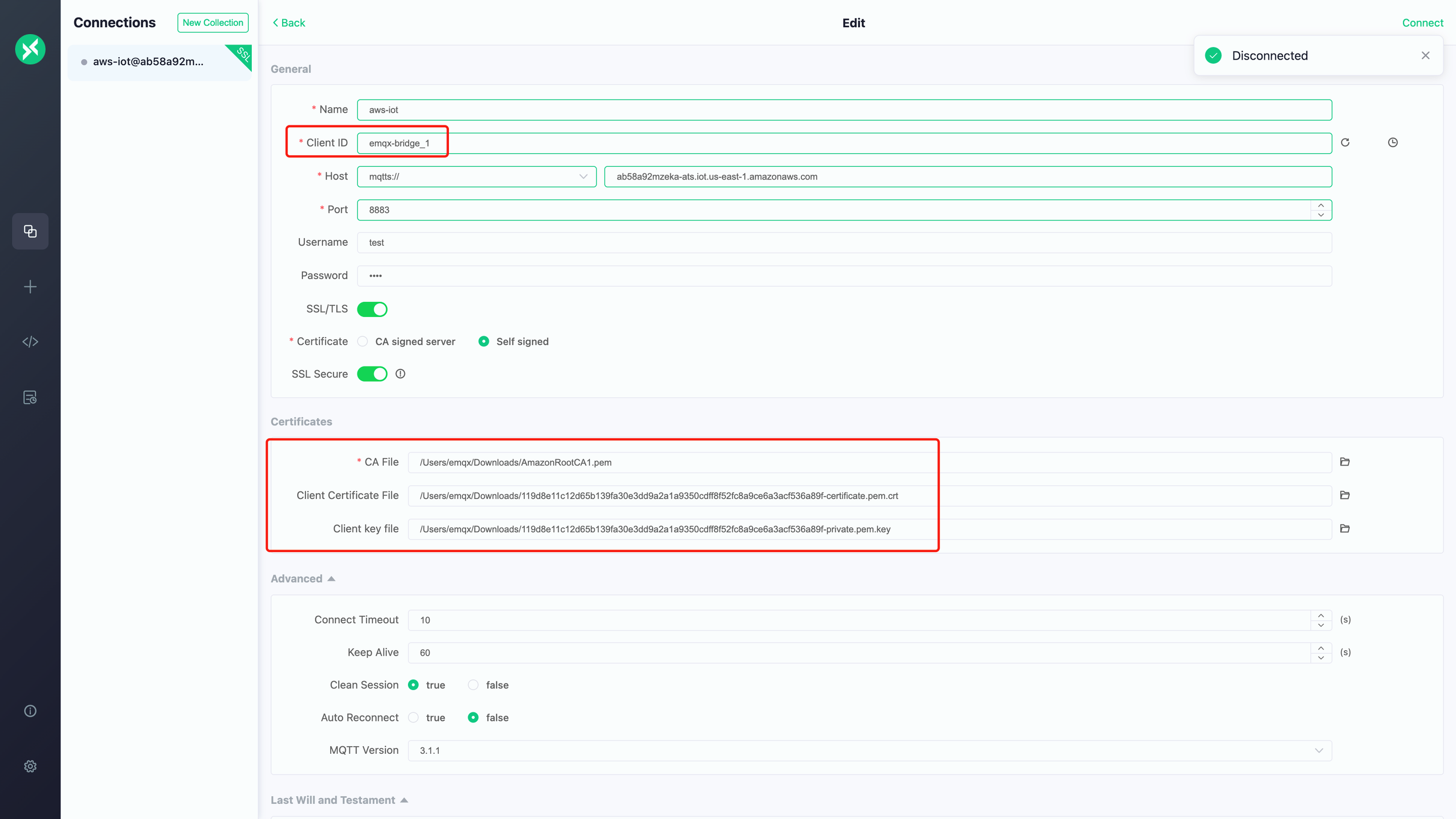 Connect to AWS IoT using MQTTX