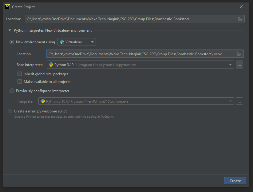 PyCharm new project window