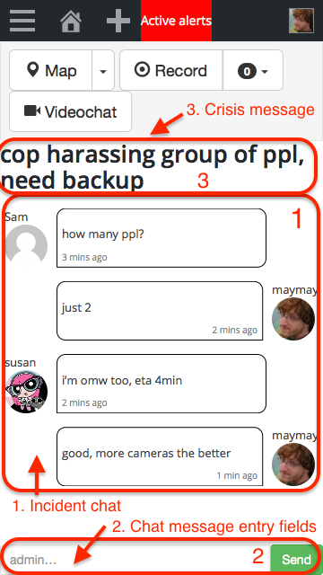 Annotated screenshot of the built-in incident chat room screen with example messages displayed.