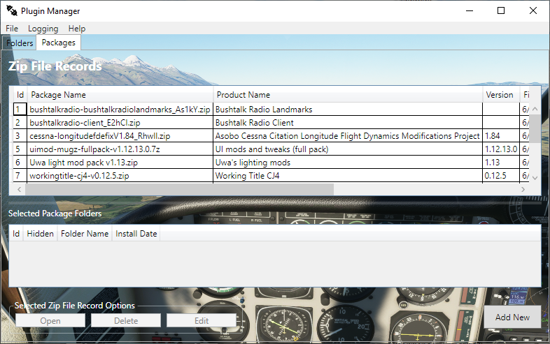 The packages tab of the main window.