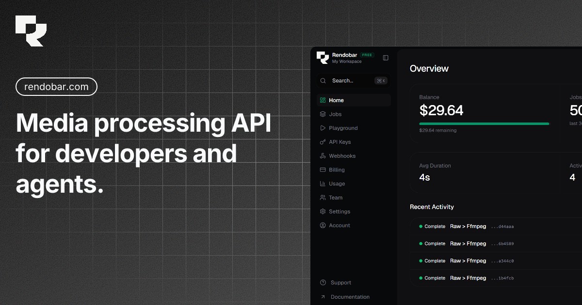 Rendobar: media processing API for developers and agents