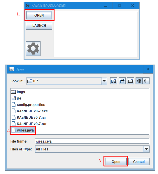 An image showing how to select a file, using wires.java as an example.