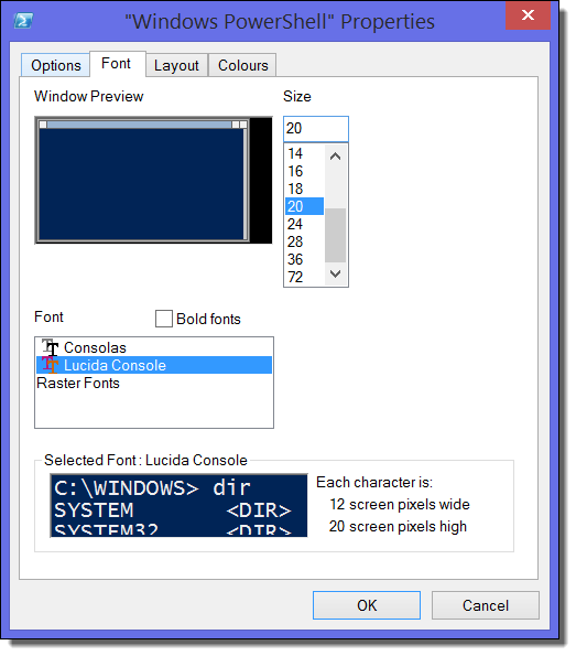 Photo of the powersheel configuration panel, on the font section