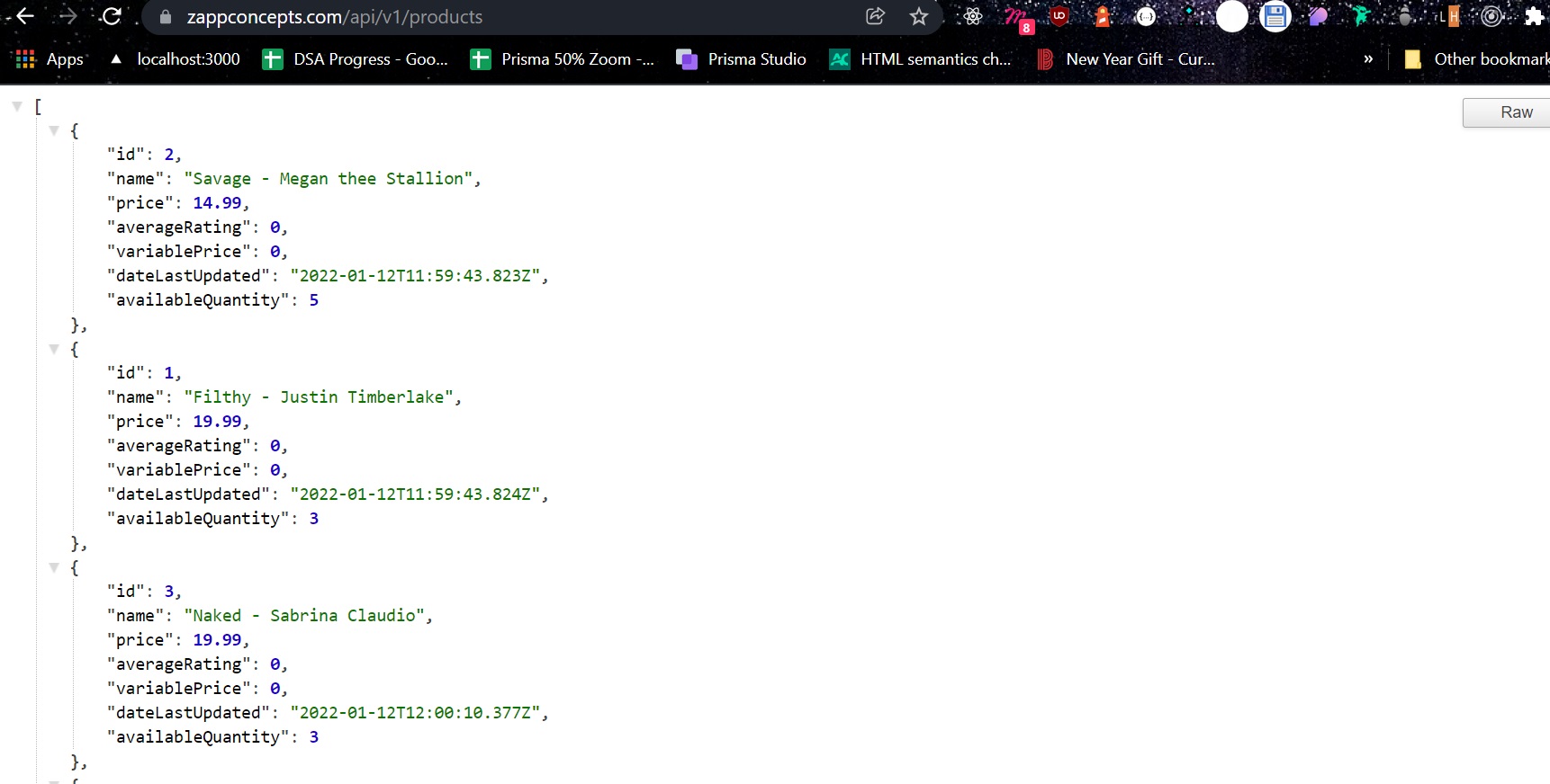 JSON Response from /api/v1/products