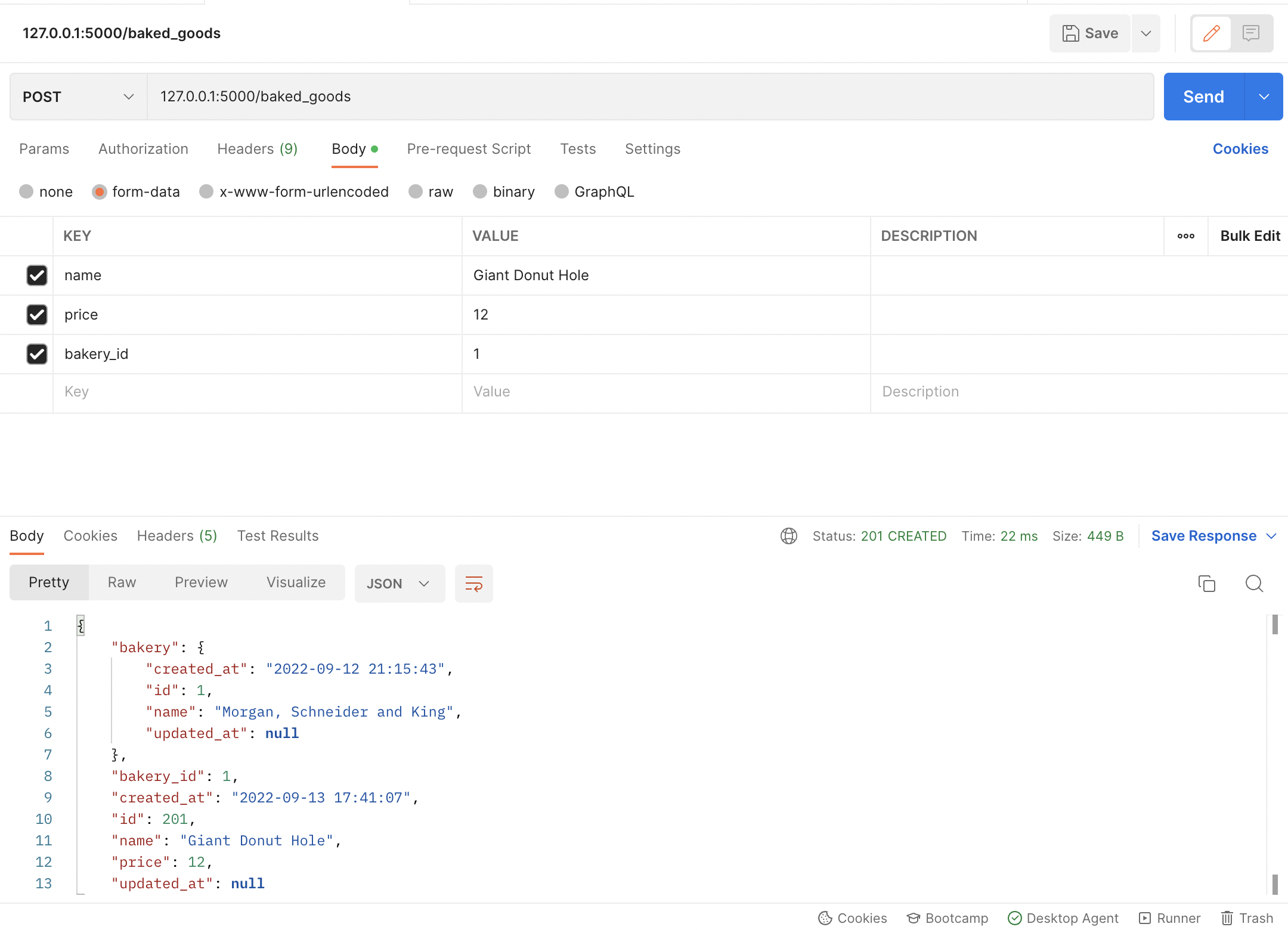 POST request with form data for a baked good's name, price, and bakery_id