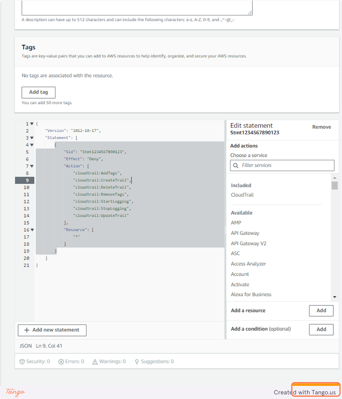 Give Policy a Name Block CloudTrail Configuration Actions.