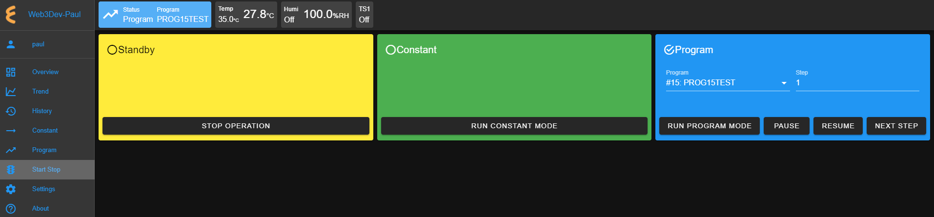 The Start/Stop menu with chamber in Program mode