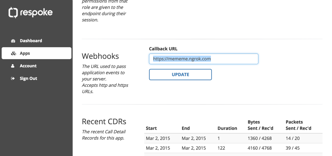 respoke dev portal webhook URL input