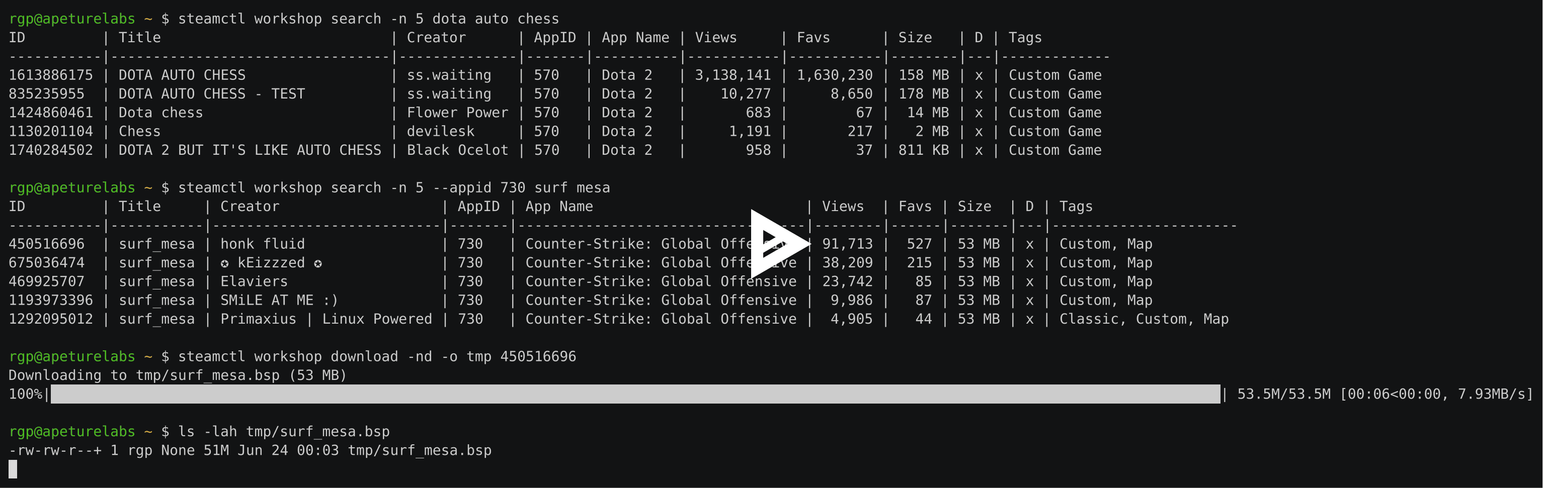 asciinema preview: steamctl workshop