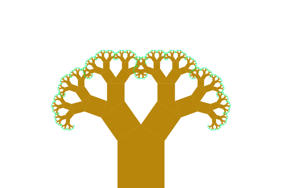 Pythagoras tree, brown color with green leafs