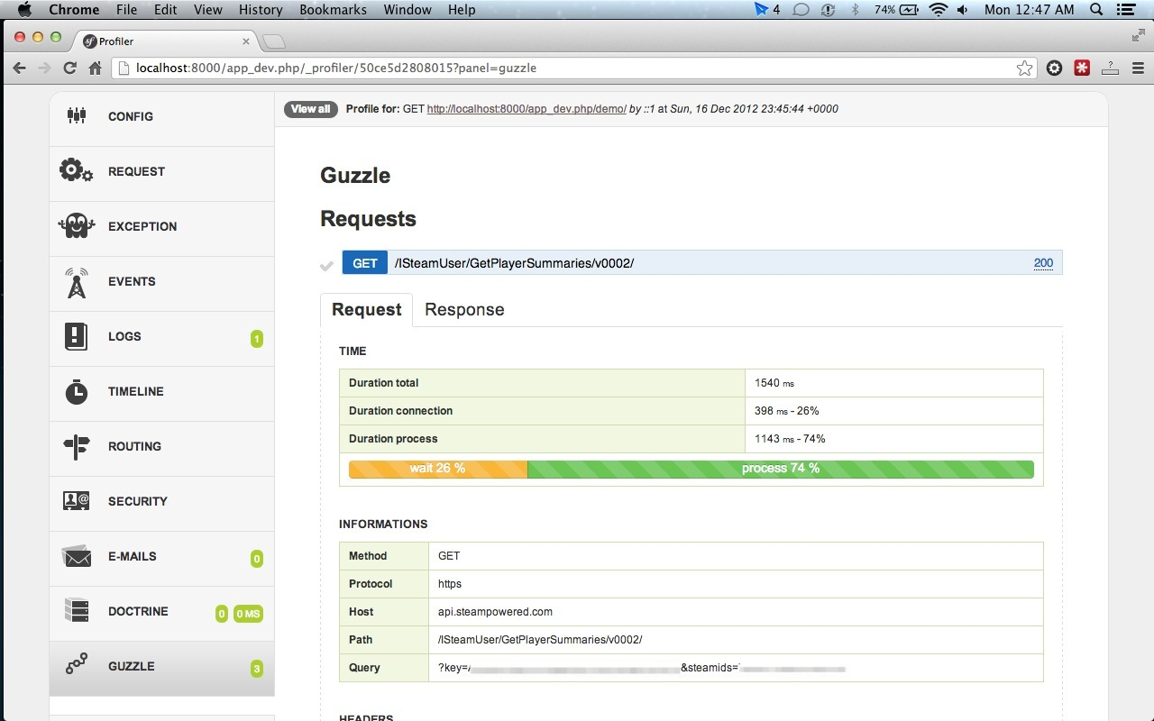 Guzzle Symfony web profiler panel - request details