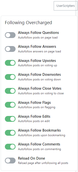 screenshot of the Userscript configurer expanded with options for the Following Overcharged userscript