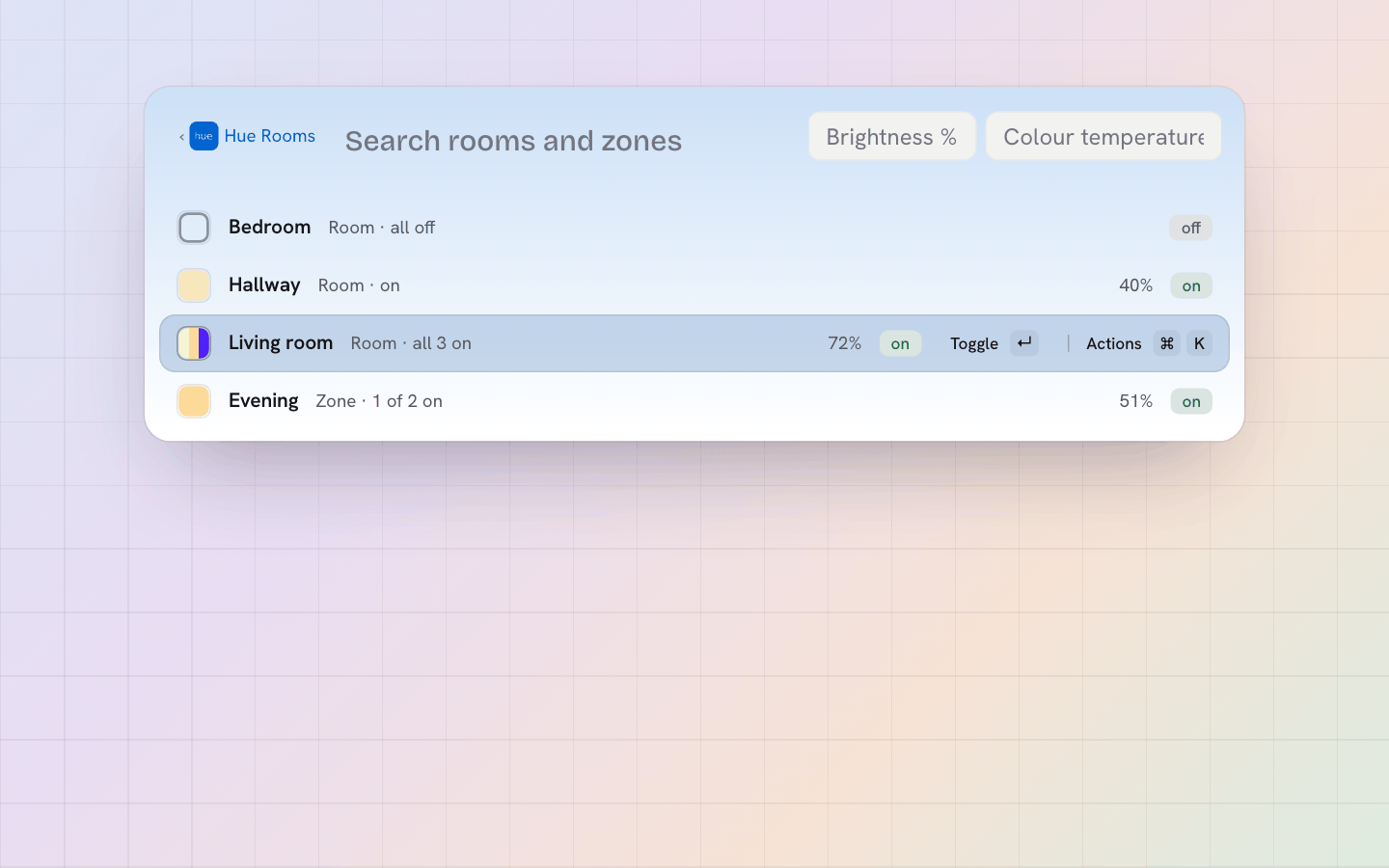 Philips Hue: rooms as tiles with switches and brightness