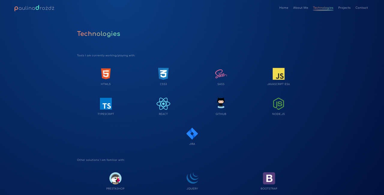 technologiesPage- paulina drozdz logo in the right corner, menu in the left corner, footer with social media center aligned on the bottom of the page, in the middle part tiles with technology icons and technology names underneath