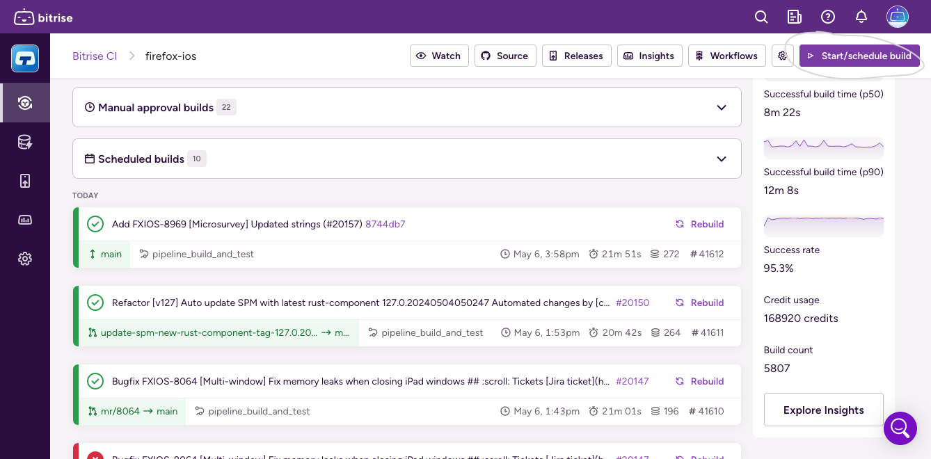 Screenshot of "Start/schedule build" button from Bitrise page