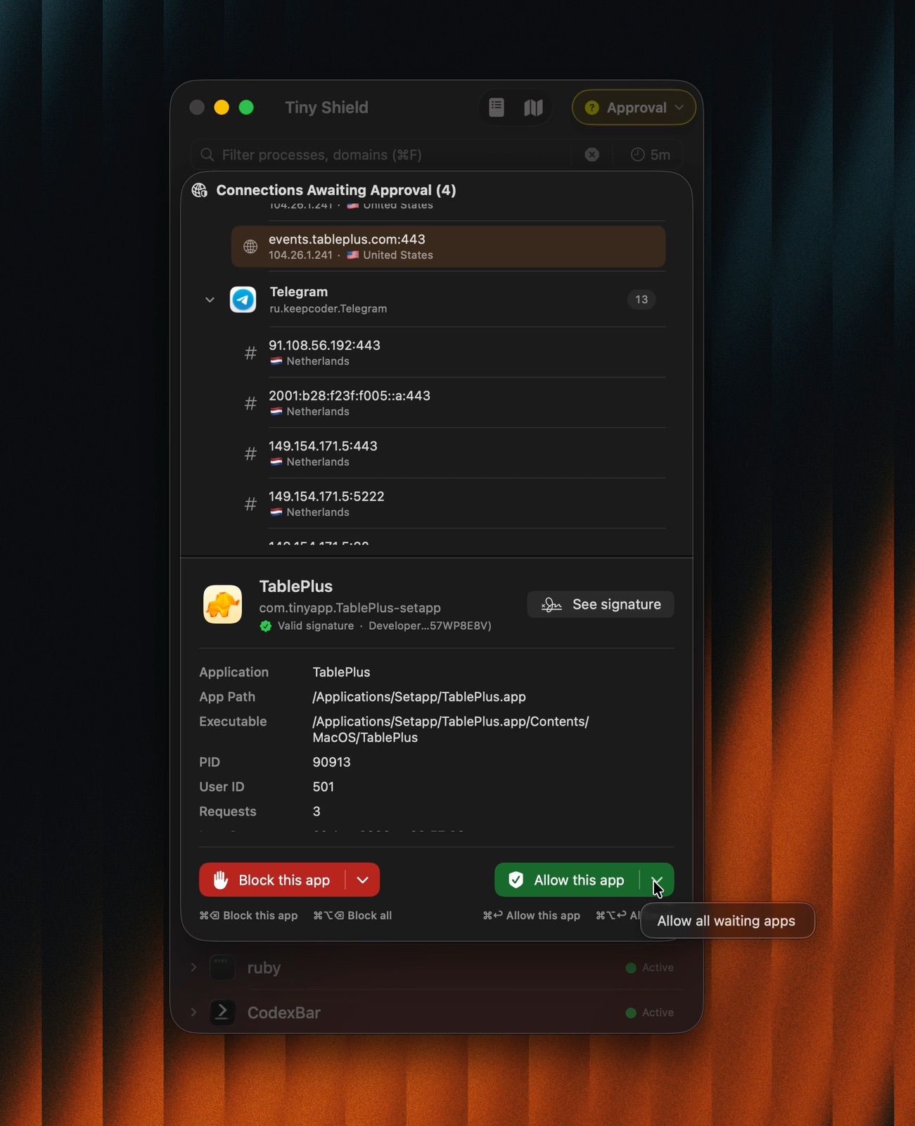 Tiny Shield asking for approval before an app connects