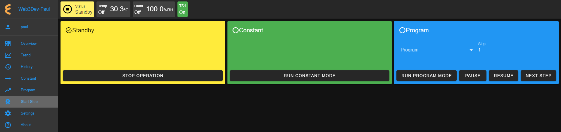 The Start/Stop menu with a Status Bar