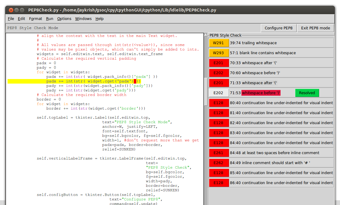 IDLEAnalyzer pep8 error details