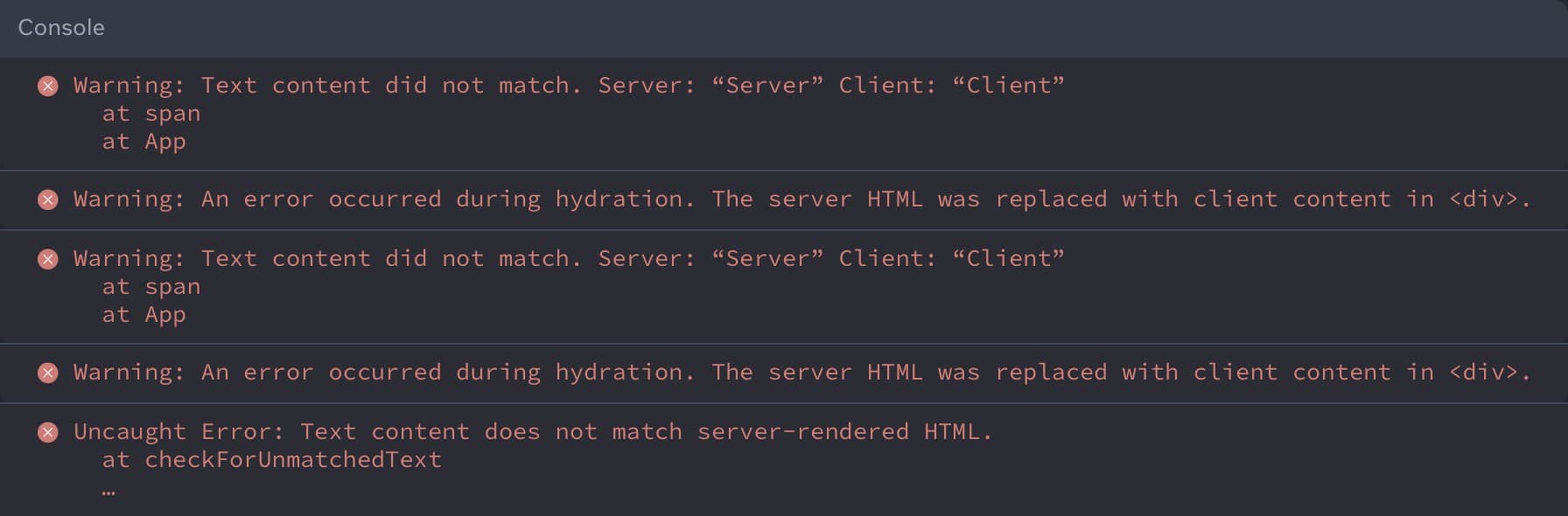 Example of a hydration error message in React 18.