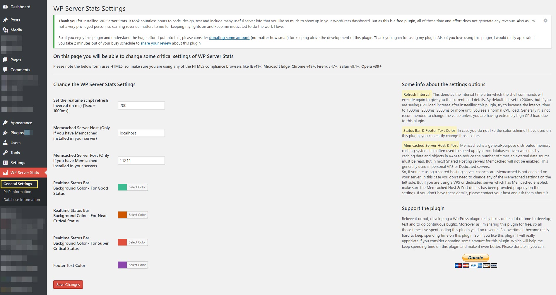 WP Server Stats Admin Settings Page