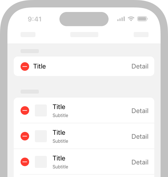 An illustration of a list-based app on iPhone. The list is in edit mode, and each list item displays a circular Delete button on the left.