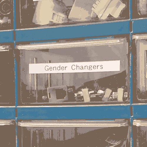 an image of a plastic sorting tray labeled "Gender Changers". the items inside the tray are all a kind of gray colour