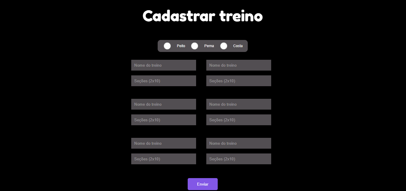 Tela de cadastro de treino