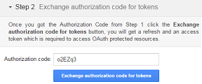 Screen shot: Google OAuth Playground, Step 2 - exchanging the authorization code for tokens - the code is pre-filled after the previous step.