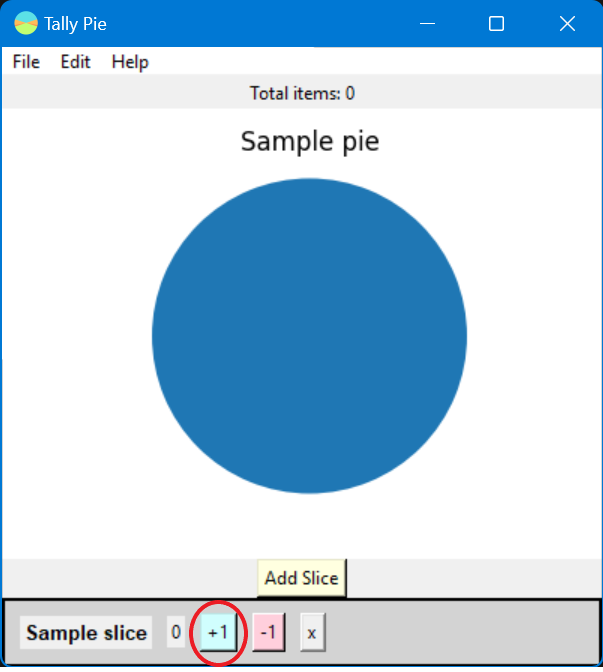 Screenshot of Tally Pie's UI with the a red circle around the +1 button on a wedge labe.