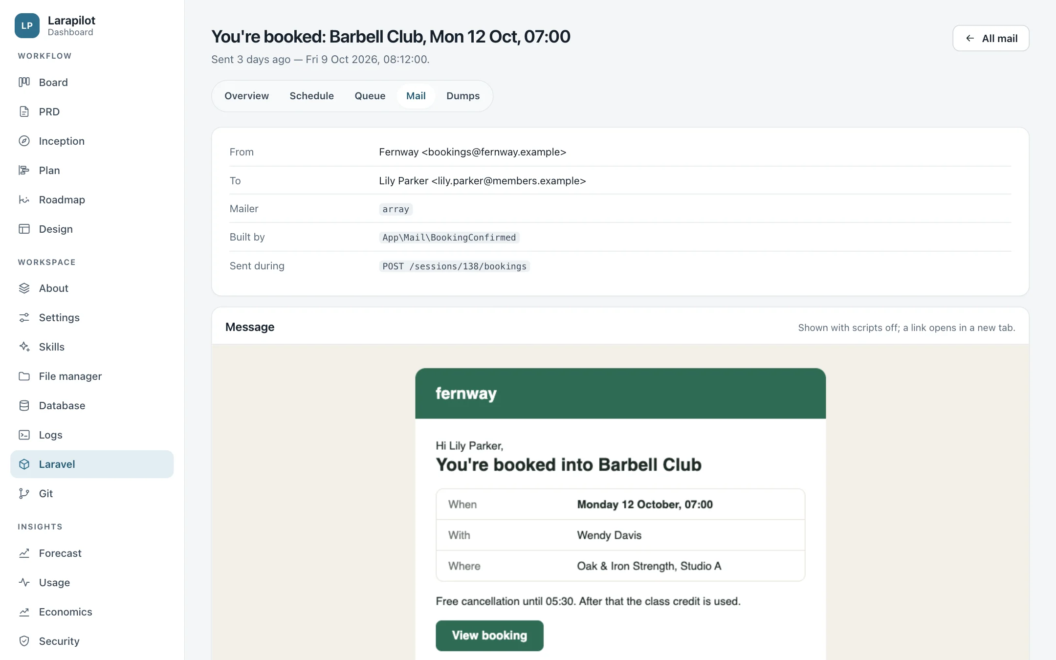 A booking confirmation as the application sent it