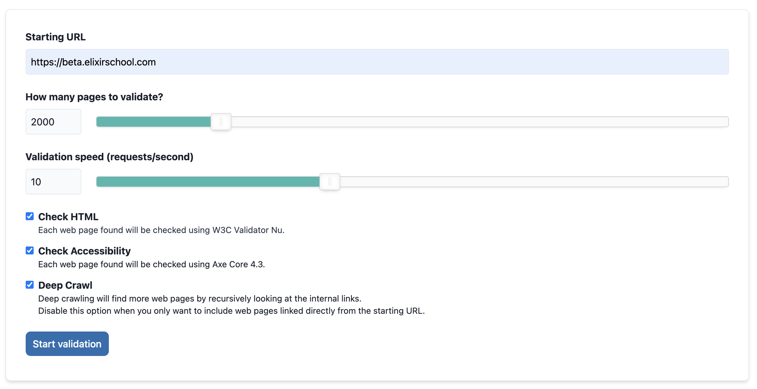 Rocket Validator new site validation report