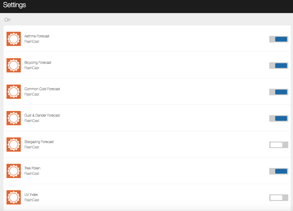 Screenshot of FlashCast feeds, some enabled and some disabled