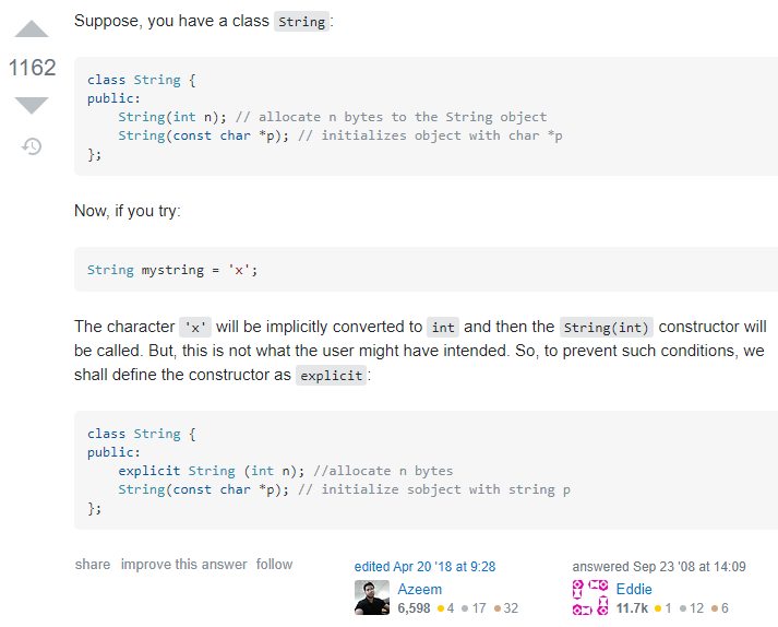 Use of explicit specifier from answer in thread(visited 07-09-2020): "https://stackoverflow.com/questions/121162/what-does-the-explicit-keyword-mean"