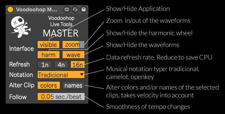 Choose between different key notations (camelot, open key and traditional), choose to update the color and name of the selected clip inside the live set, midi-mappable zoom of the waveforms