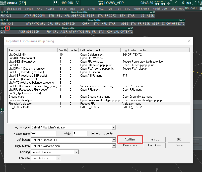 Departure list columns setup dialog