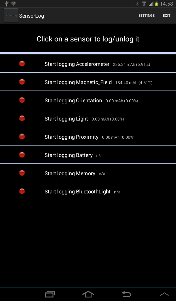 SensorLog Start Screen