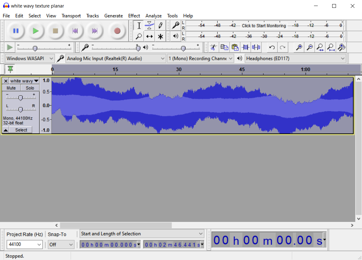 Audacity interface. A waveform is shown. It has been distorted by Paulstretch.