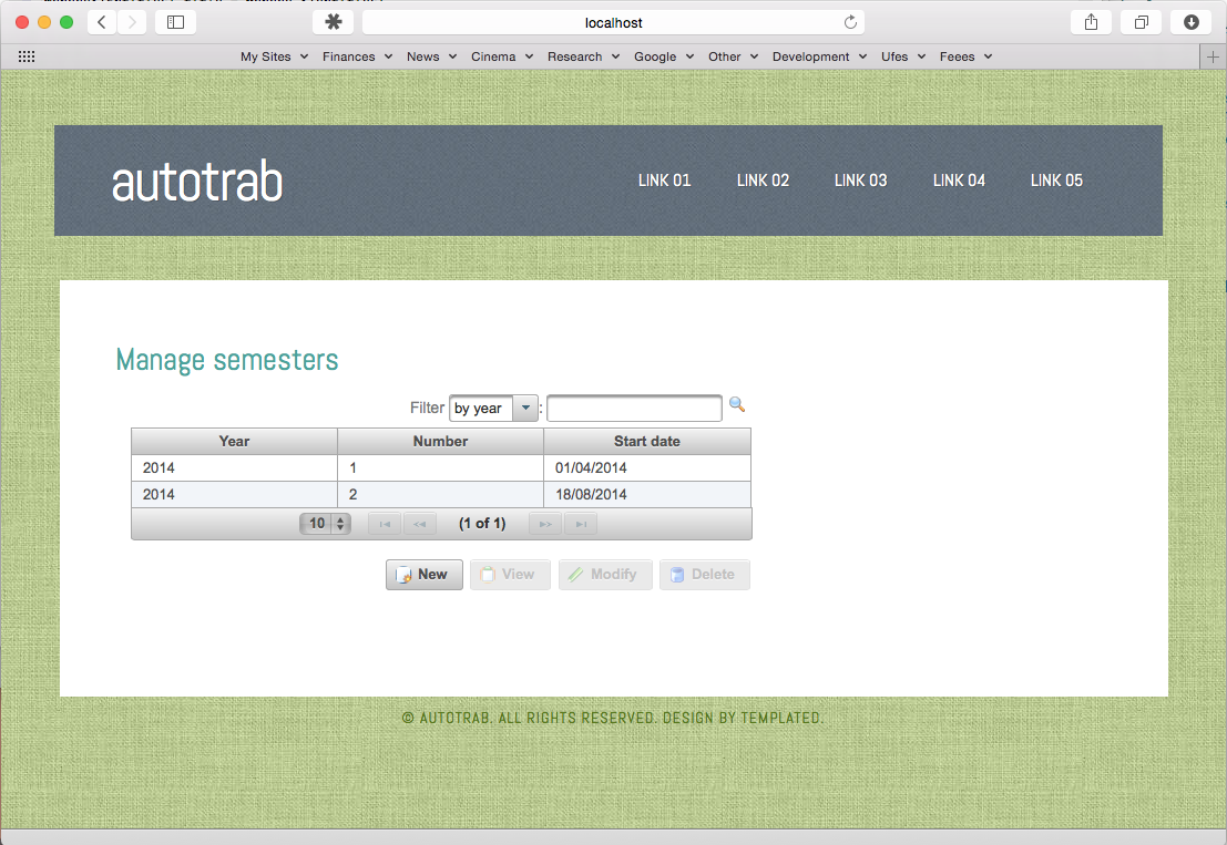 Listing of existing semesters, as a result of step 3 of the tutorial.