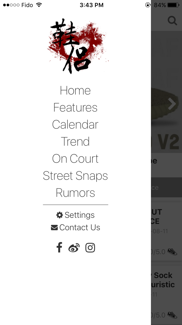 kicks4love app side menu