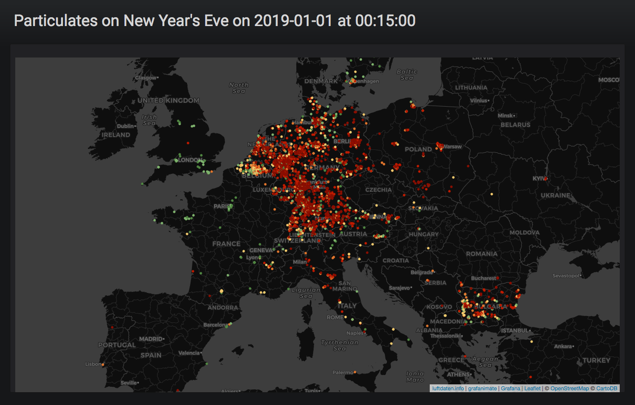 Animation of fine dust pollution on New Year's Eve 2018 across Europe.