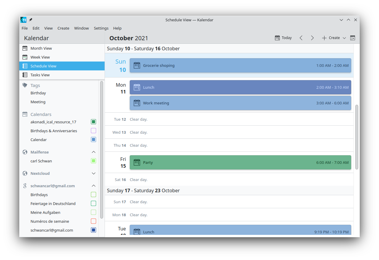 Screenshot of Kalendar's schedule view